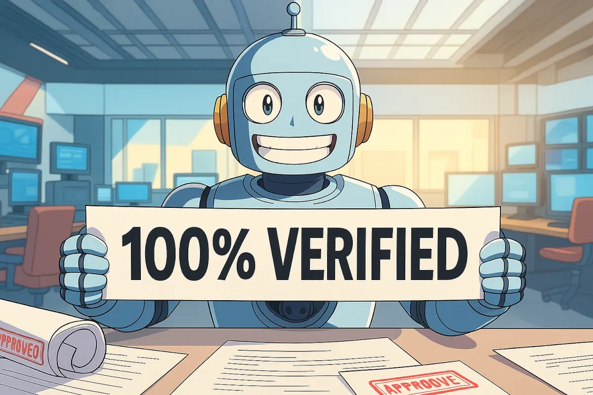 Изкуствен интелект, представен като робот, услужливо представя фалшива информация, като истина