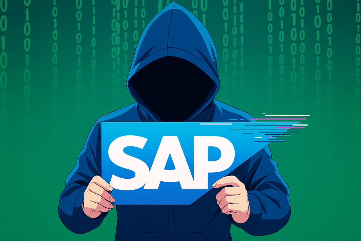Хакер държи лого на SAP, на фона на компютърен код