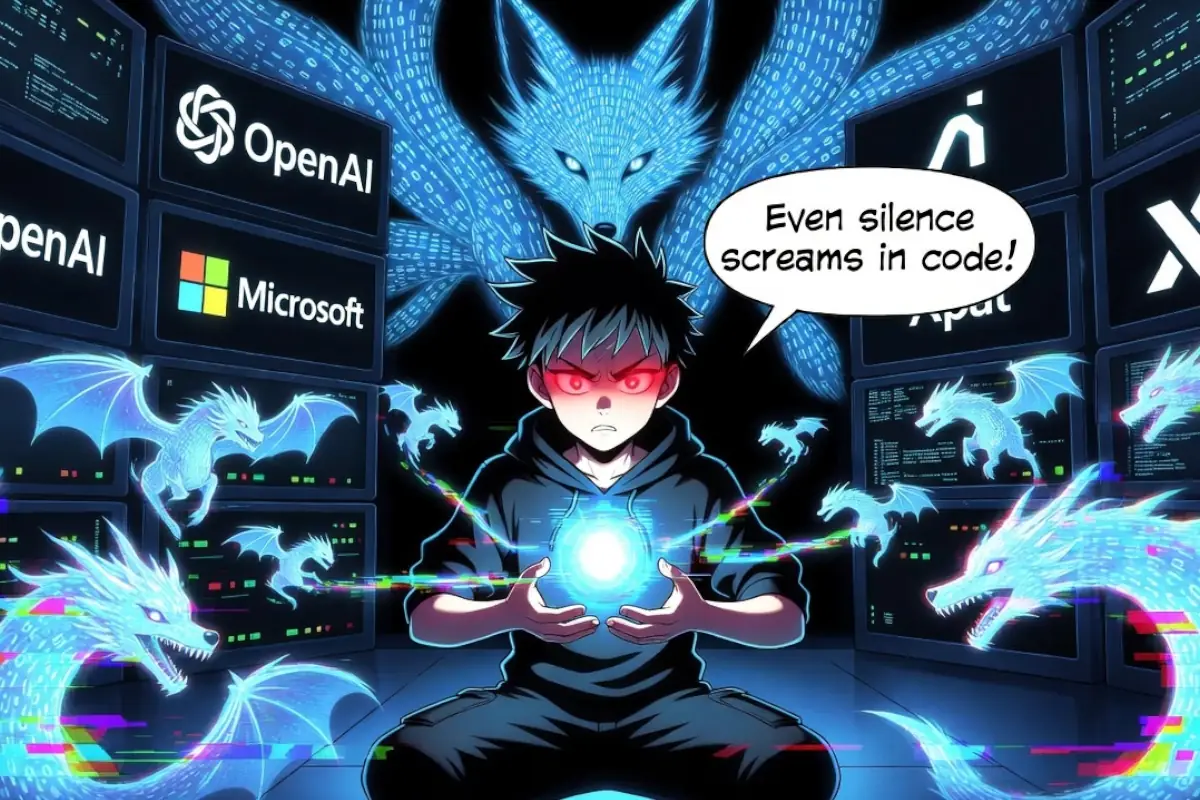 хакер е във сървърно помещение и 'подслушва' разговори между потребители и изкусвен интелект